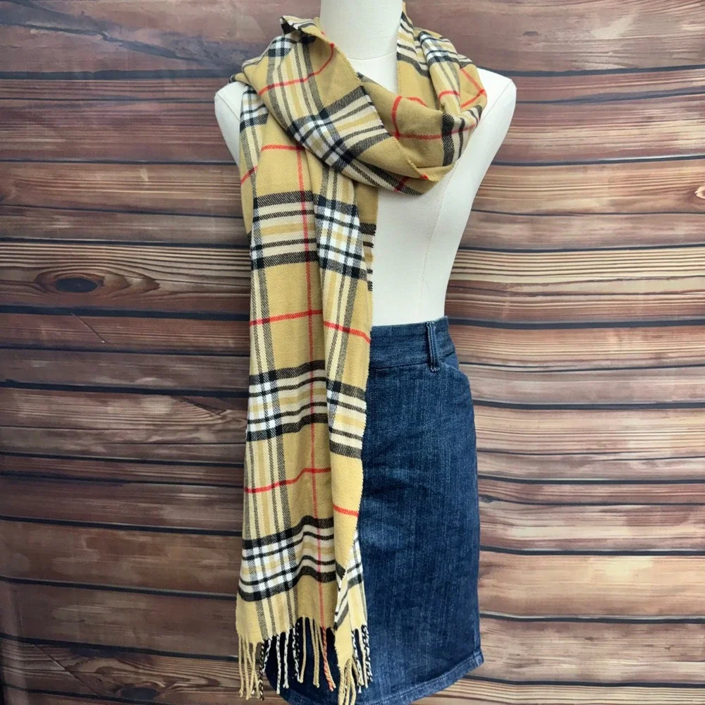 Italy Design Cashmere Blend Scarf Tan Plaid Fringe 20% Cashmere 80% Viscose